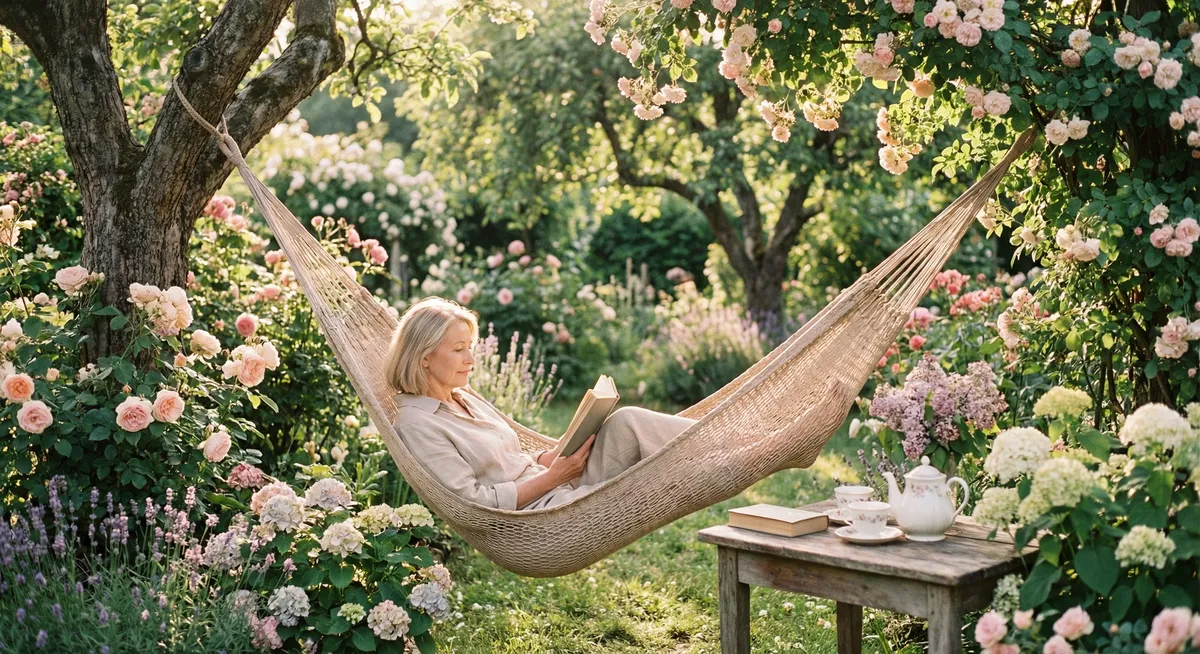 花园中悠闲阅读的成熟女性